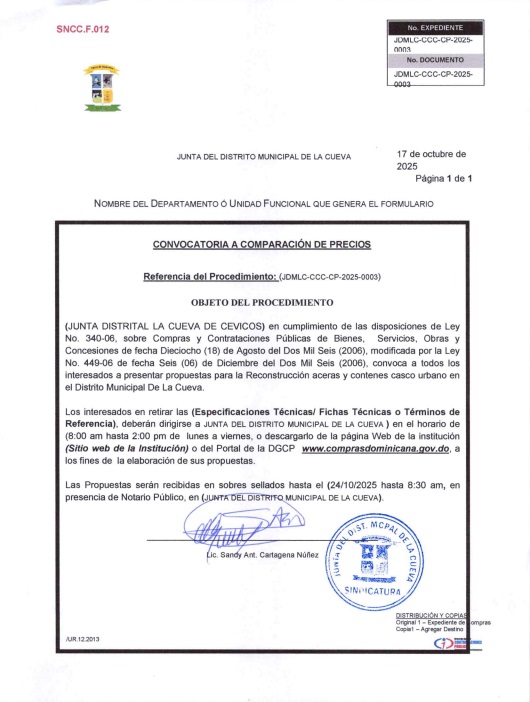 El Distrito Municipal de La Cueva convoca para Licitación de obra