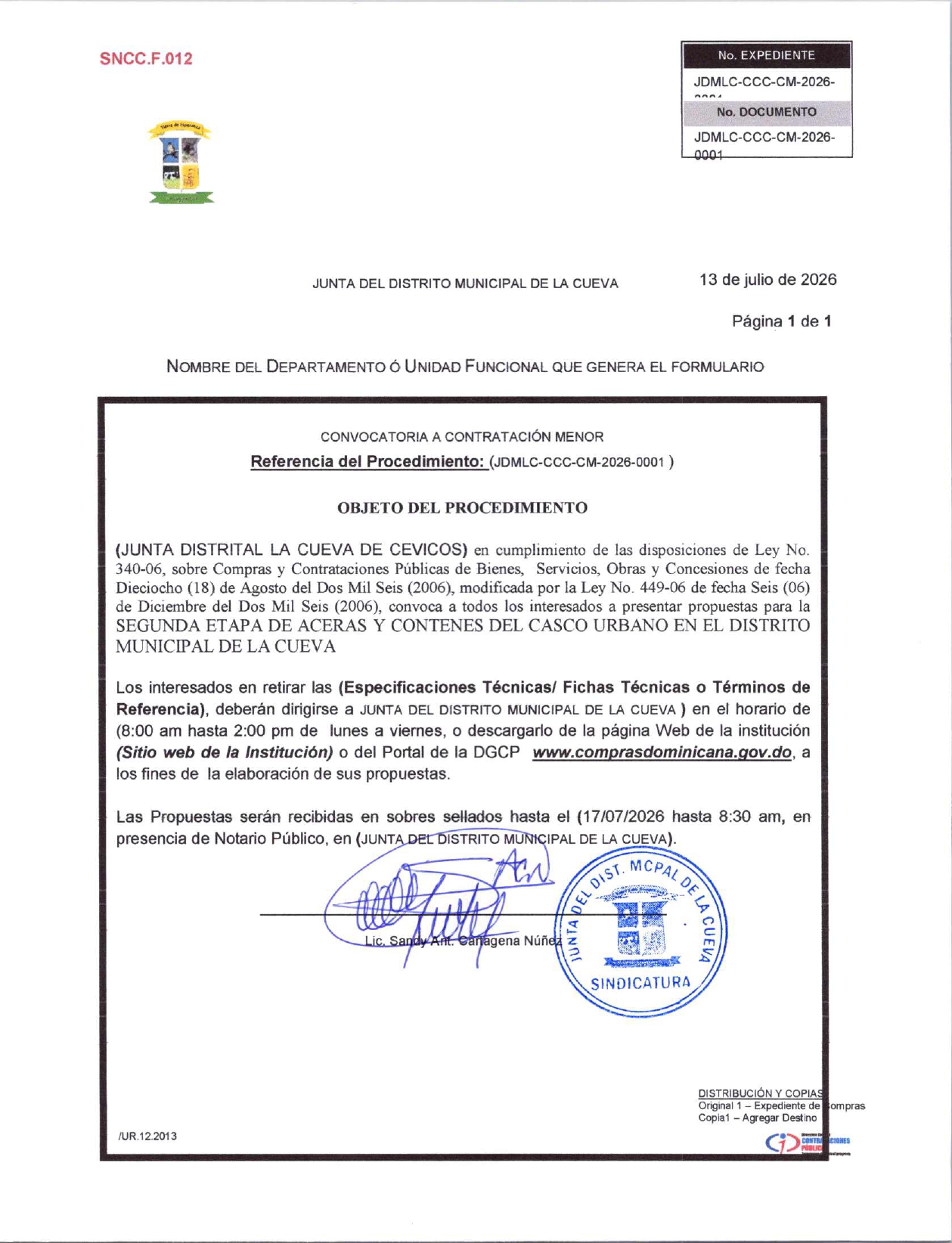 El Distrito Municipal de La Cueva convoca para Licitación de obra de SEGUNDA ETAPA DE ACERAS Y CONTENES DEL CASCO URBANO